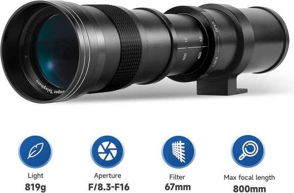 JINTU 420-800mm f/ 8.3 Manual Telephoto Zoom Lens + T-Mount for Canon EOS Rebel SL2 SL1 T3 T3i T4i T5 T5i T6 T6i T6s T7 T7i 4000D 6D 7D 60D 70D 77D 80D 5D II/III/IV 550D 650D SLR Camera Lenses - Image 2