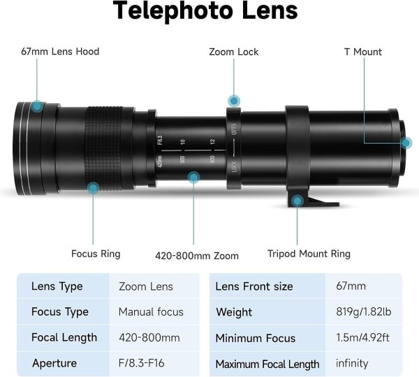 JINTU 420-800mm f/ 8.3 Manual Telephoto Zoom Lens + T-Mount for Canon EOS Rebel SL2 SL1 T3 T3i T4i T5 T5i T6 T6i T6s T7 T7i 4000D 6D 7D 60D 70D 77D 80D 5D II/III/IV 550D 650D SLR Camera Lenses - Image 3