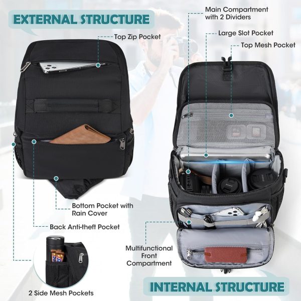 RAINSMORE Camera Bag, DSLR/SLR/Mirrorless Camera Case with Tripod Holder Waterproof Camera Sling Bag Crossbody Camera Bags for Photographers with Rain Cover for Canon/Nikon/Sony/Fuji, Black - Image 2