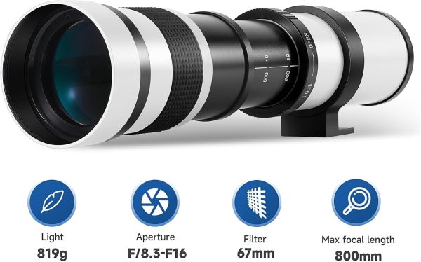 Telephoto Lens EF Lens for Canon, JINTU 420-800mm f/8.3 Manual Zoom Lens for Canon EOS T7i T6 T6i T6s T7 T8i T3i, T4i, T5, T5i, SL2, SL1 4000D 2000D 80D 90D 5D III 6D 7D II 60D 70D SLR Camera Lenses - Image 2