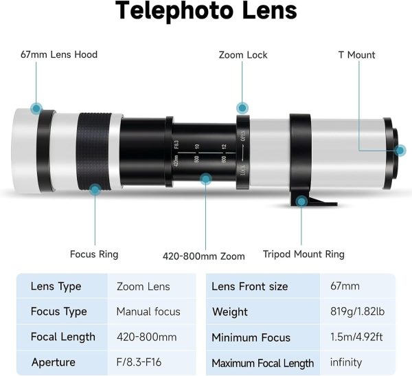 Telephoto Lens EF Lens for Canon, JINTU 420-800mm f/8.3 Manual Zoom Lens for Canon EOS T7i T6 T6i T6s T7 T8i T3i, T4i, T5, T5i, SL2, SL1 4000D 2000D 80D 90D 5D III 6D 7D II 60D 70D SLR Camera Lenses - Image 4