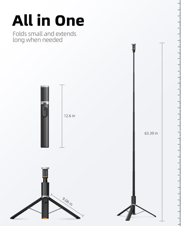 TODI 63" Phone Tripod, Tripod for iPhone & Portable Selfie Stick Tripod with Remote, Phone Tripod Stand for Video Recording, Travel Tripod for Cell Phone Tripod Compatible with iPhone 15/14/13/Android - Image 6